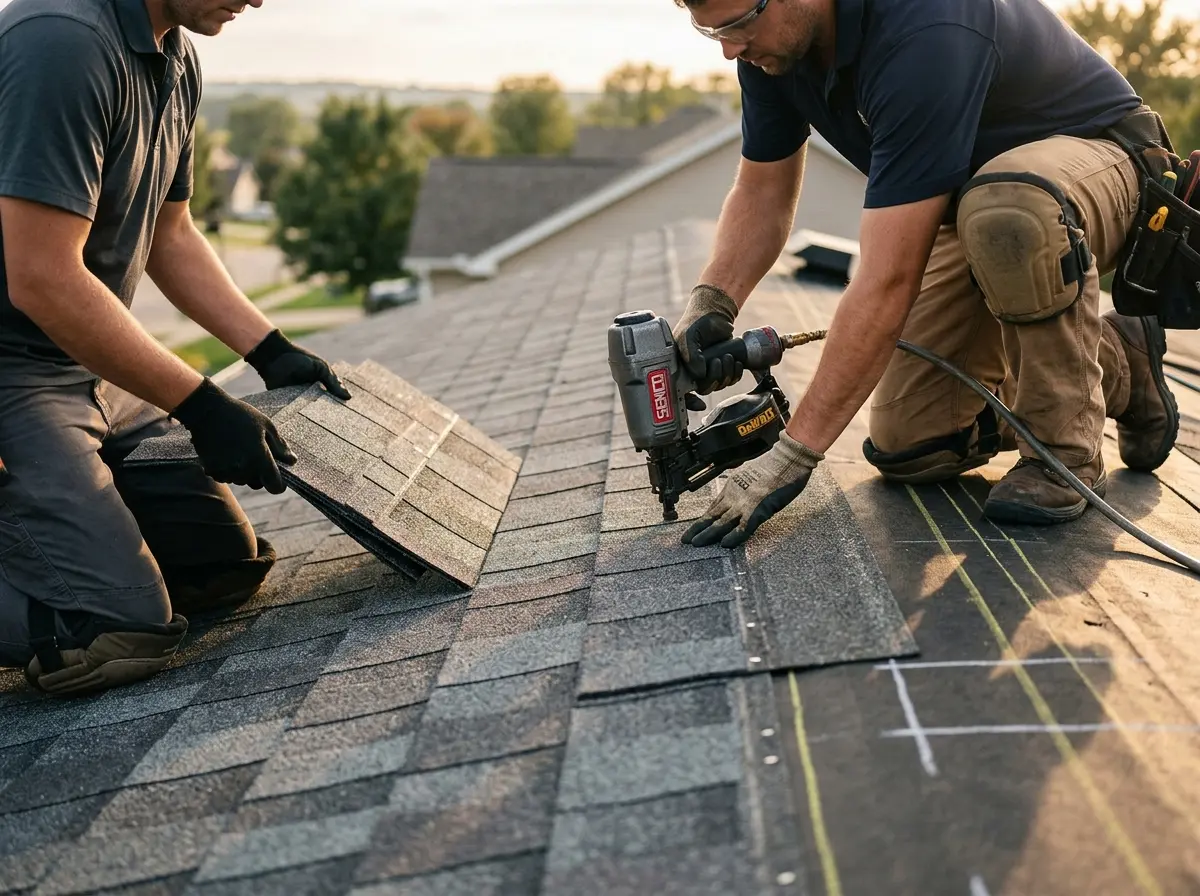 Professional roofer working on a residential roof in Thomasville